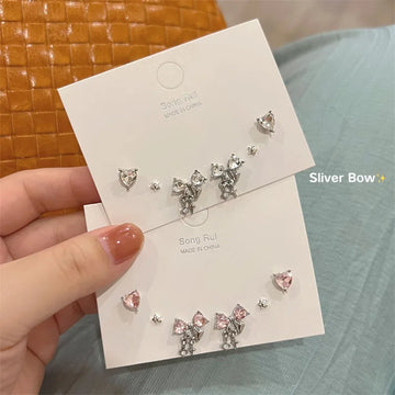 DAIIIBABYYY  -  Charm Y2K Bow-knot Heart Pink Silver Color Rhinestone Stud Earrings Set Women Korean Fashion Girls Sweet Earring Jewelry